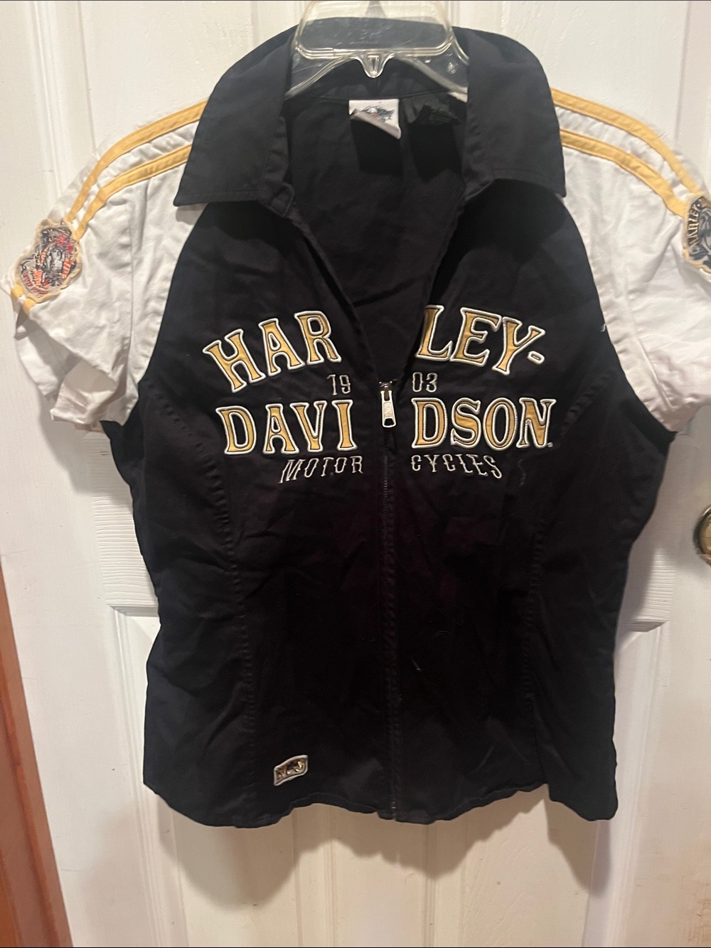 Harley-Davidson Black, White & Yellow Zip-Front ' Top